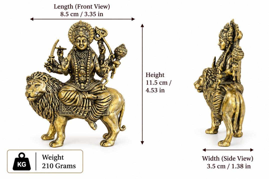 Antique Gold Finish Goddess Durga Brass Idol (11.5 cm) | Simhavahini Durga Statue on Lion